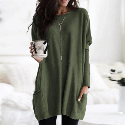Women's Crewneck Long-Sleeve Oversized Pocket Tunic Top