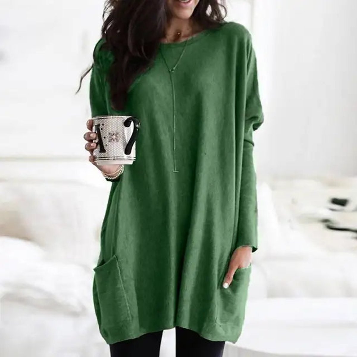 Women's Crewneck Long-Sleeve Oversized Pocket Tunic Top