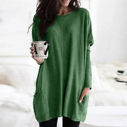 Women's Crewneck Long-Sleeve Oversized Pocket Tunic Top
