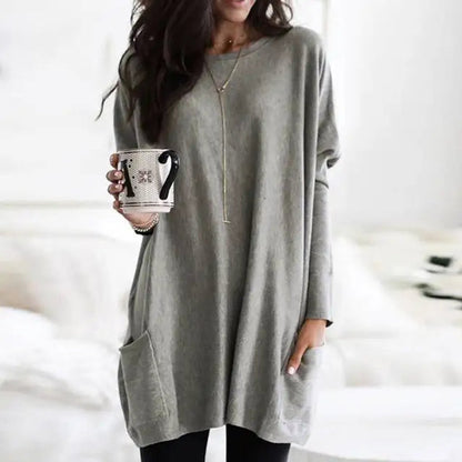 Women's Crewneck Long-Sleeve Oversized Pocket Tunic Top