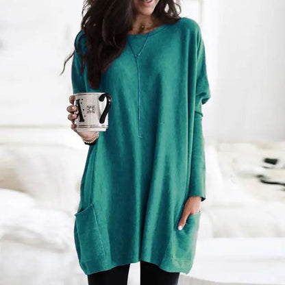 Women's Crewneck Long-Sleeve Oversized Pocket Tunic Top