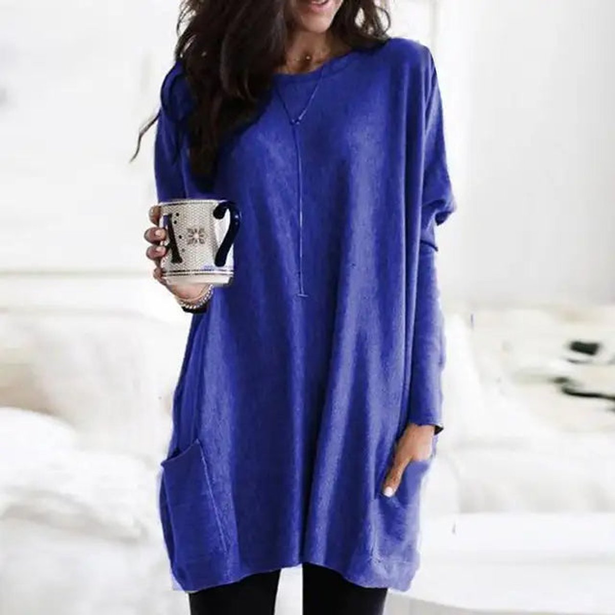 Women's Crewneck Long-Sleeve Oversized Pocket Tunic Top