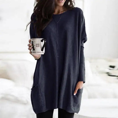 Women's Crewneck Long-Sleeve Oversized Pocket Tunic Top