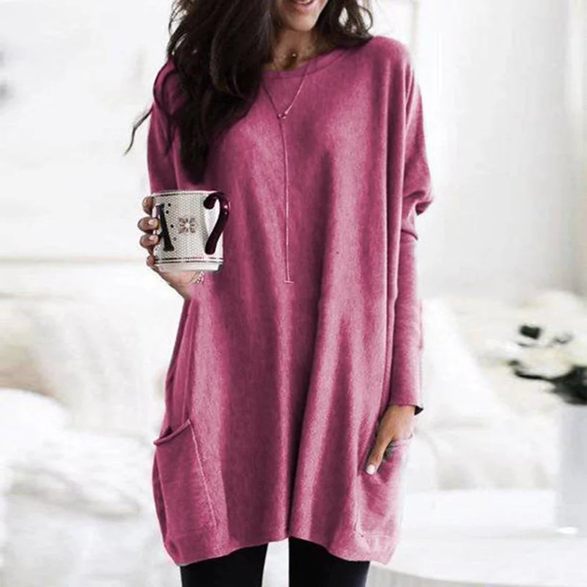 Women's Crewneck Long-Sleeve Oversized Pocket Tunic Top