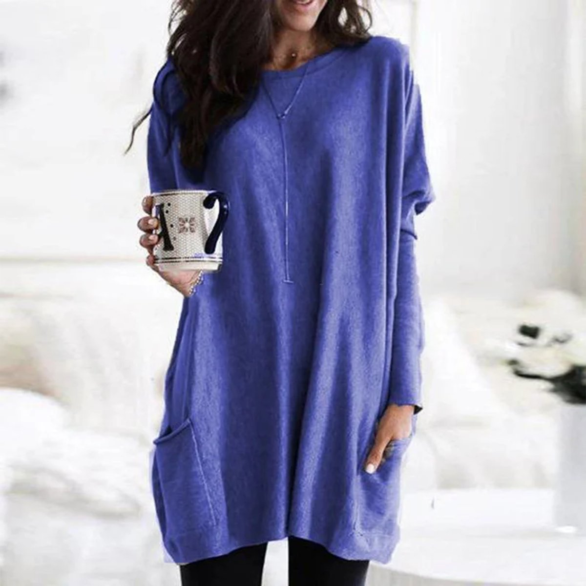 Women's Crewneck Long-Sleeve Oversized Pocket Tunic Top