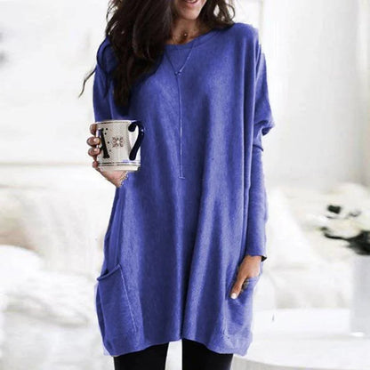 Women's Crewneck Long-Sleeve Oversized Pocket Tunic Top