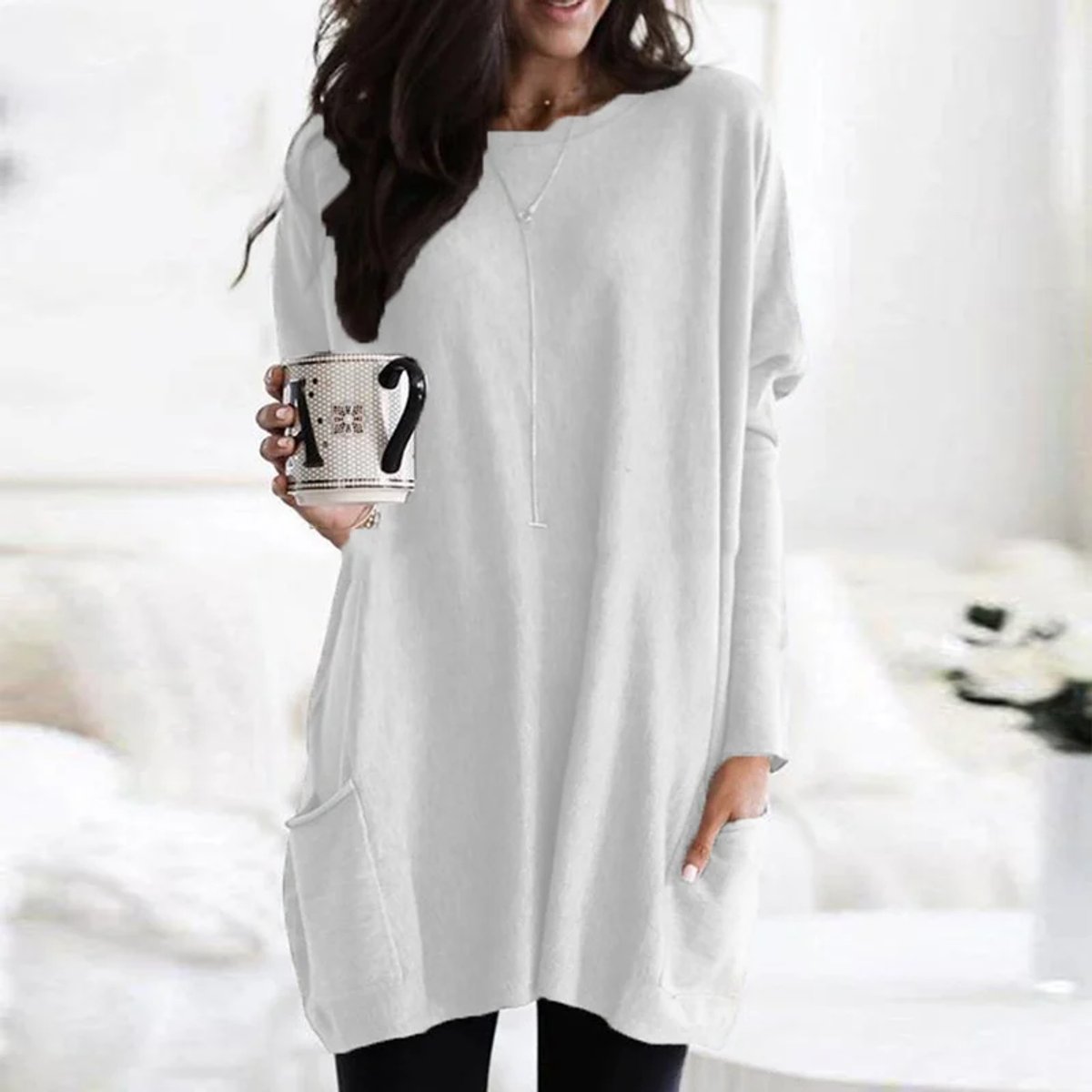Women's Crewneck Long-Sleeve Oversized Pocket Tunic Top