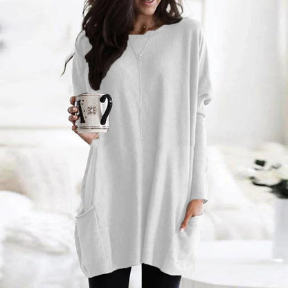 Women's Crewneck Long-Sleeve Oversized Pocket Tunic Top
