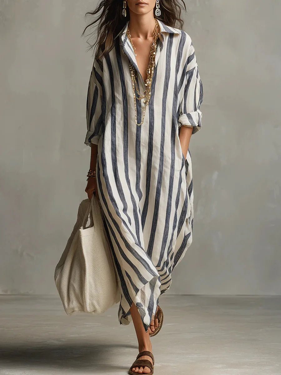 Women's Loose-Fit Striped Linen Maxi Button-Down Shirt Dress