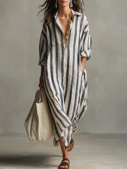 Women's Loose-Fit Striped Linen Maxi Button-Down Shirt Dress