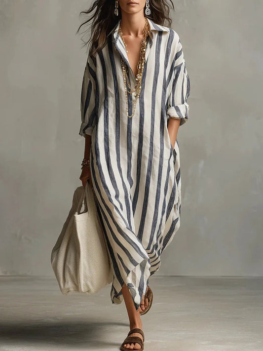 Women's Loose-Fit Striped Linen Maxi Button-Down Shirt Dress