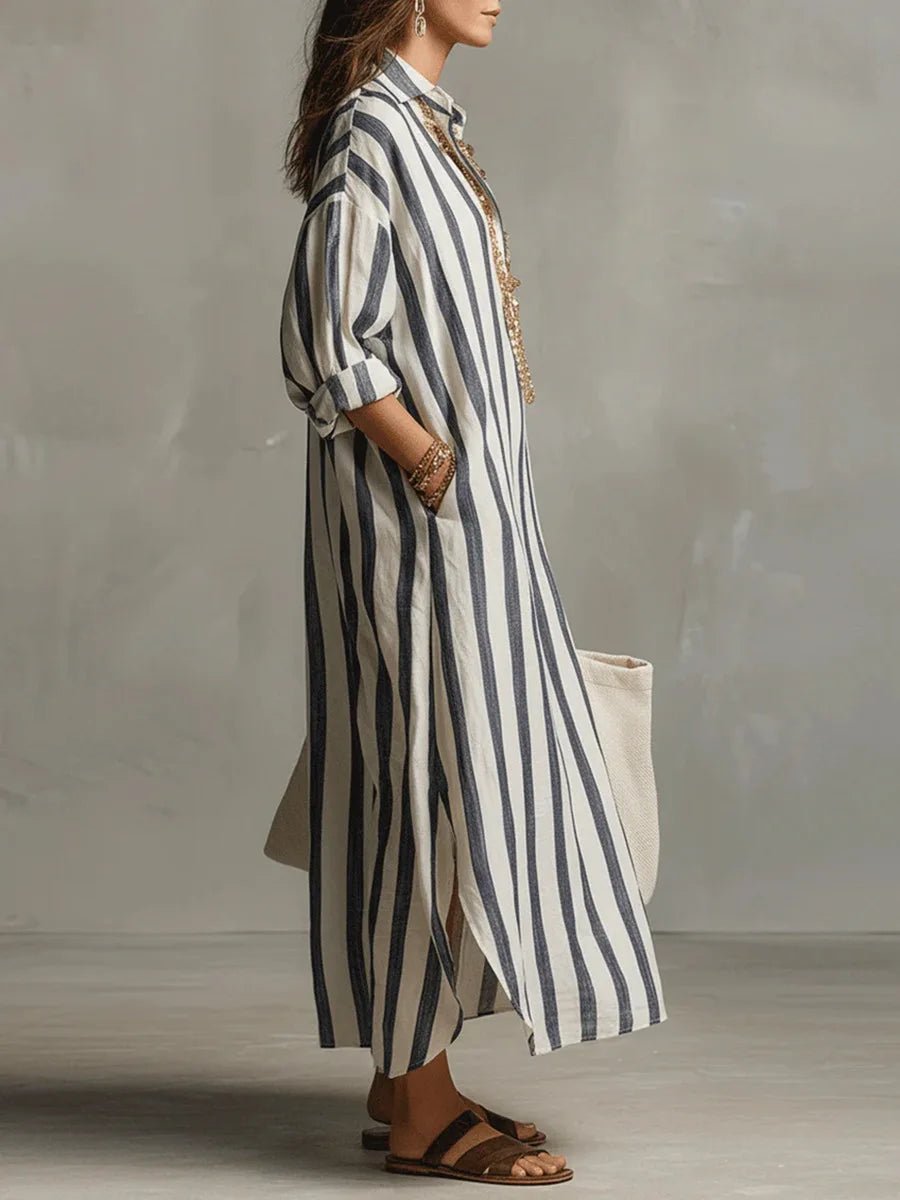 Women's Loose-Fit Striped Linen Maxi Button-Down Shirt Dress