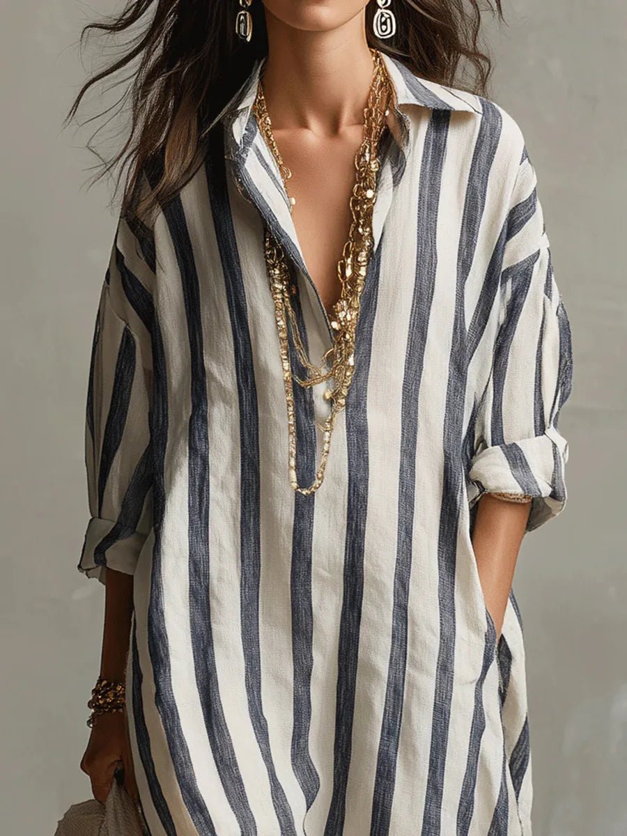 Women's Loose-Fit Striped Linen Maxi Button-Down Shirt Dress