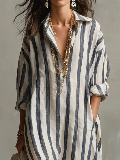 Women's Loose-Fit Striped Linen Maxi Button-Down Shirt Dress