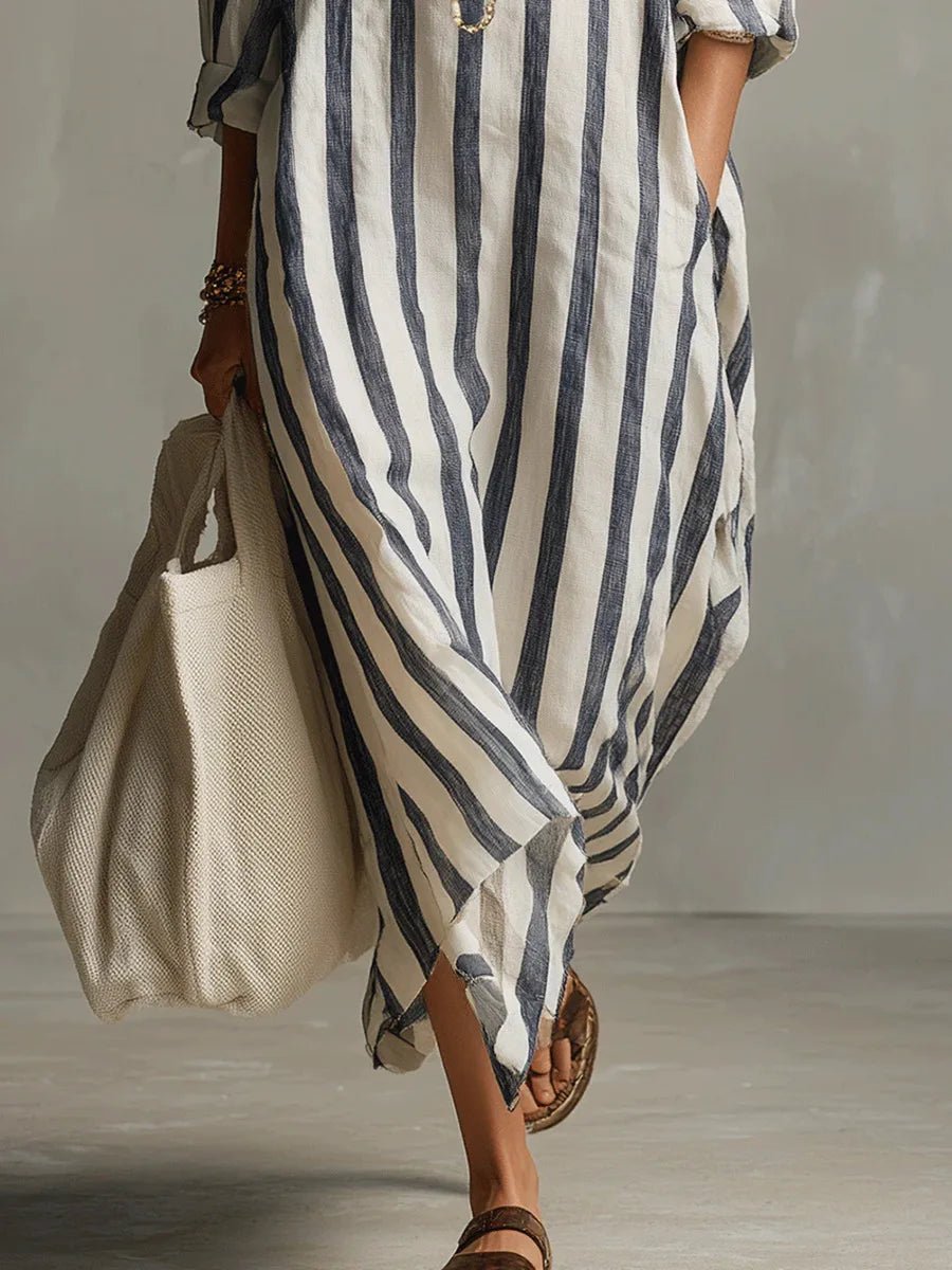 Women's Loose-Fit Striped Linen Maxi Button-Down Shirt Dress