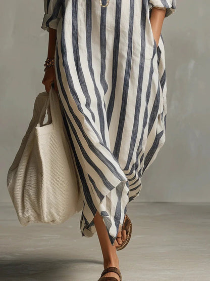 Women's Loose-Fit Striped Linen Maxi Button-Down Shirt Dress