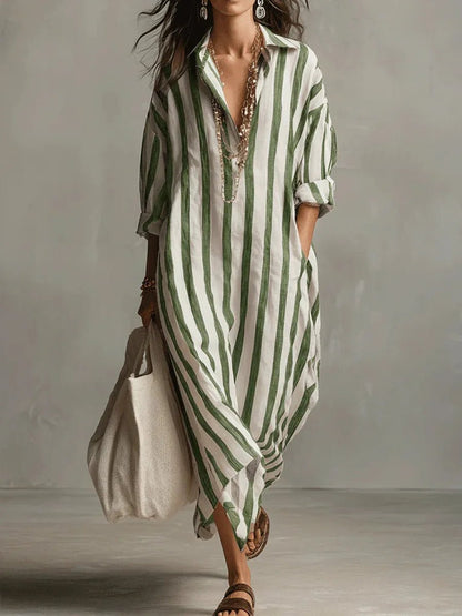 Women's Loose-Fit Striped Linen Maxi Button-Down Shirt Dress