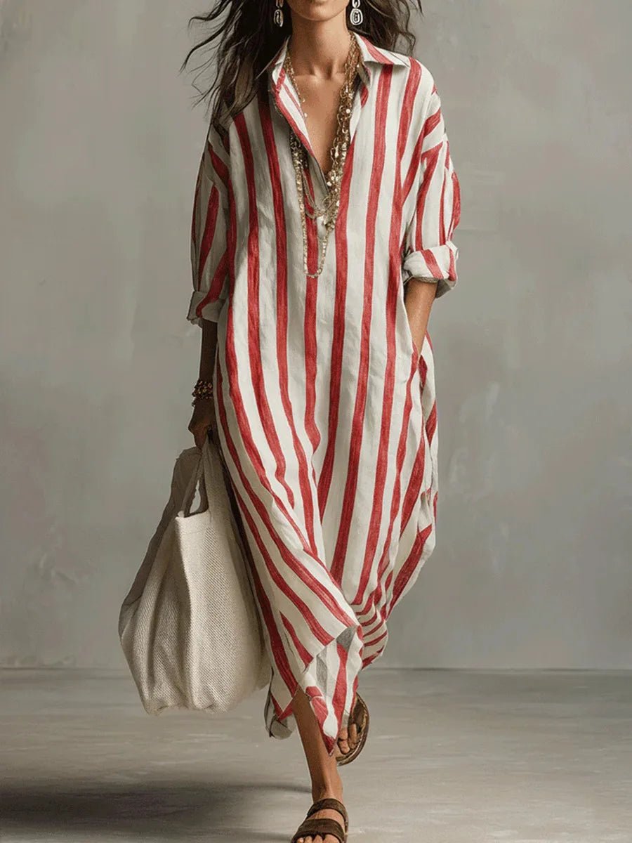 Women's Loose-Fit Striped Linen Maxi Button-Down Shirt Dress