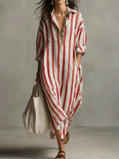Women's Loose-Fit Striped Linen Maxi Button-Down Shirt Dress