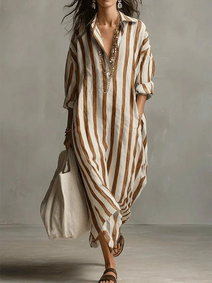 Women's Loose-Fit Striped Linen Maxi Button-Down Shirt Dress