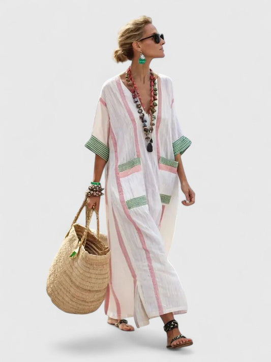 Women's Contrast Stripe V-Neck Linen Oversized Boho Maxi Dress