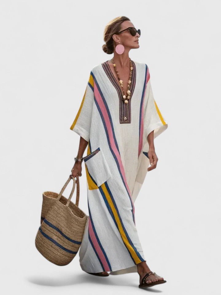 Women's Contrast Stripe V-Neck Linen Oversized Boho Maxi Dress