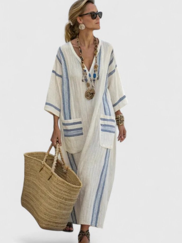 Women's Contrast Stripe V-Neck Linen Oversized Boho Maxi Dress