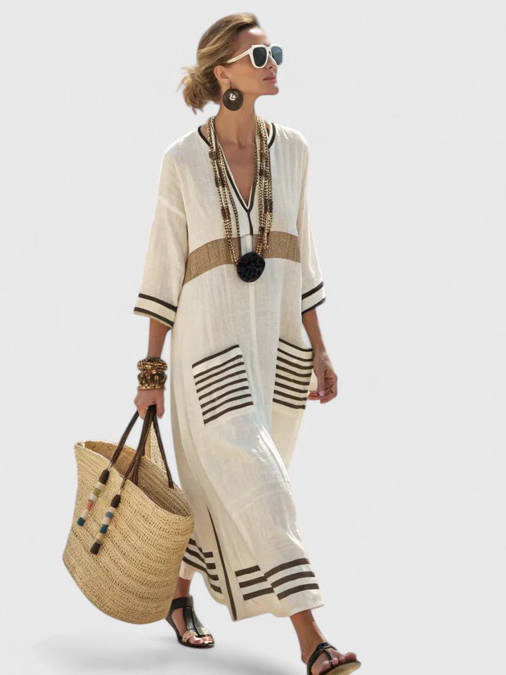 Women's Contrast Stripe V-Neck Linen Oversized Boho Maxi Dress