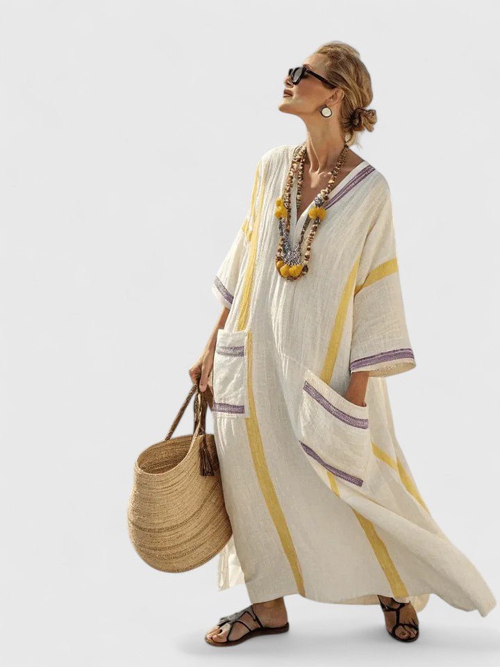 Women's Contrast Stripe V-Neck Linen Oversized Boho Maxi Dress