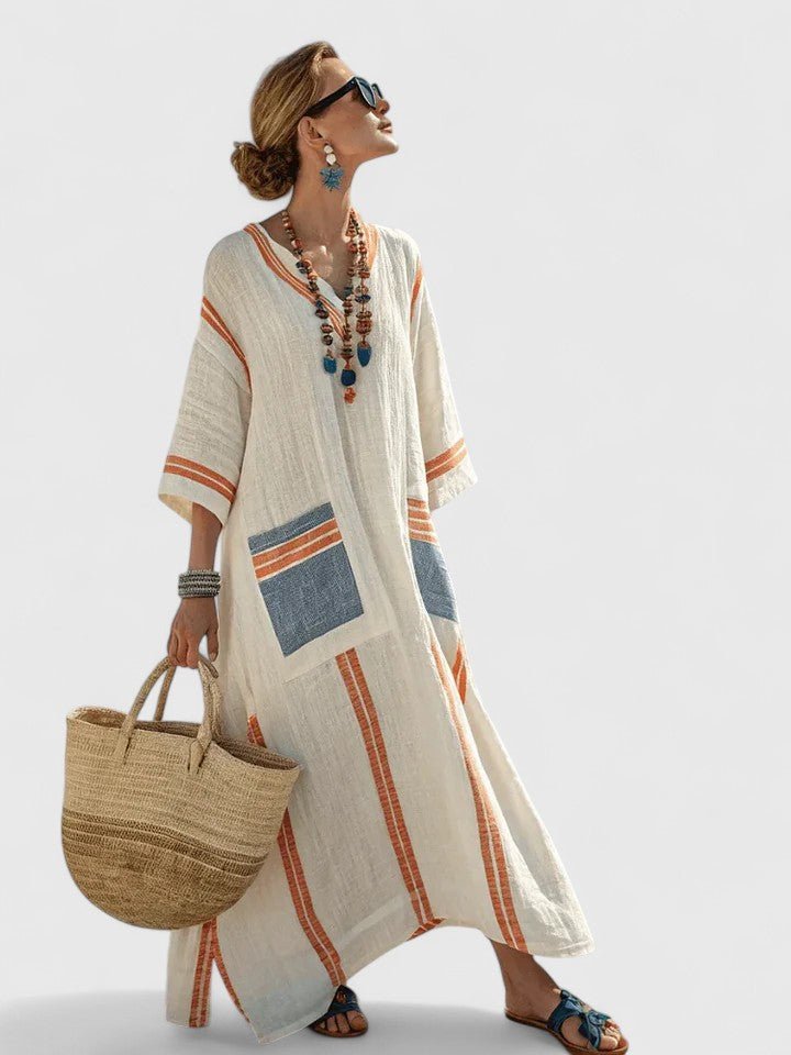 Women's Contrast Stripe V-Neck Linen Oversized Boho Maxi Dress