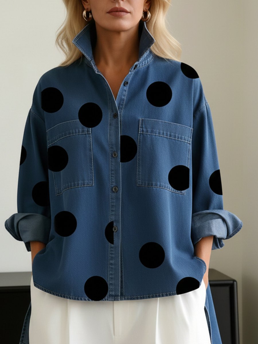 Women's Oversized Polka Dot Long-Sleeve Blouse