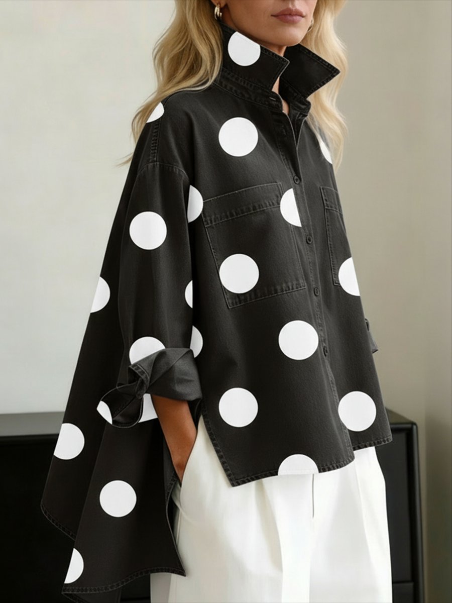 Women's Oversized Polka Dot Long-Sleeve Blouse