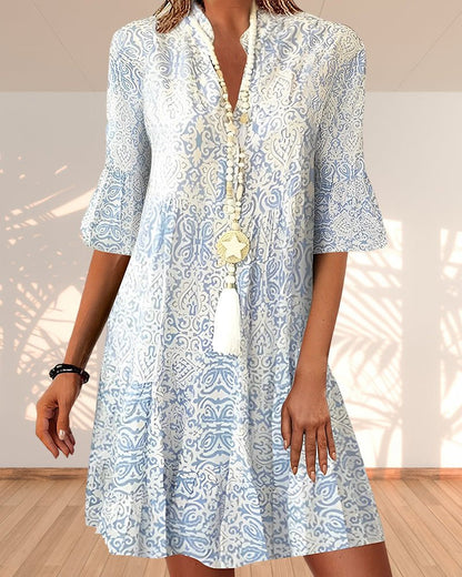 Women's Paisley Pattern 3/4-Sleeve V-Neck Dress