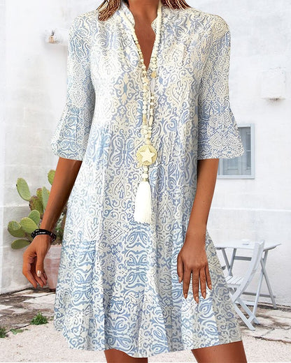 Women's Paisley Pattern 3/4-Sleeve V-Neck Dress