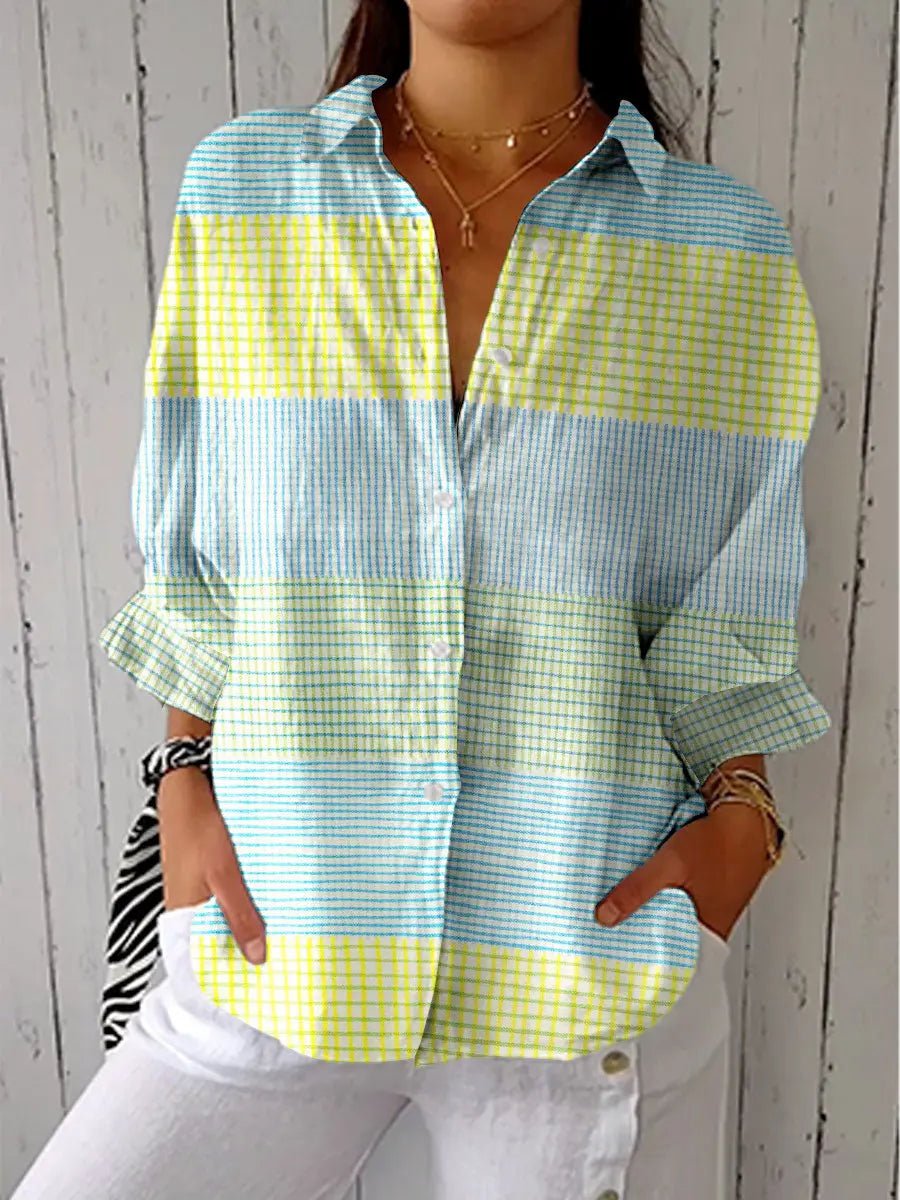 Women's Loose Button-Up Blouse in Pastel Plaid