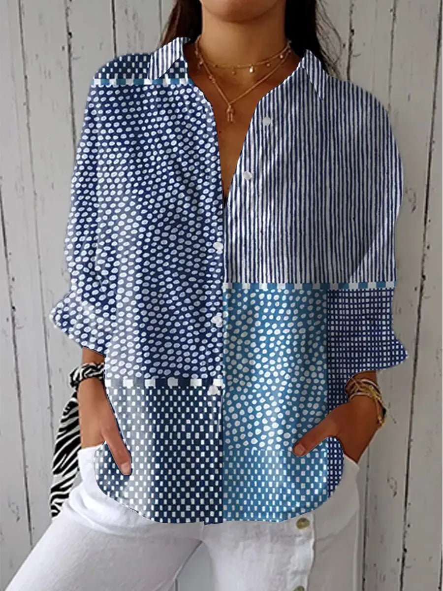V-Neck Patchwork Long-Sleeve Button Blouse for Women