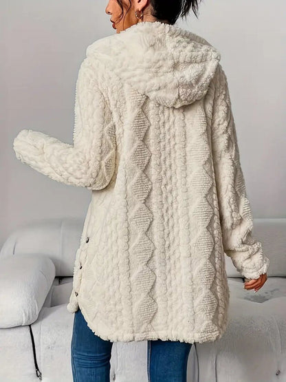 Women's Longline Plush Button-Up Cardigan with Hood