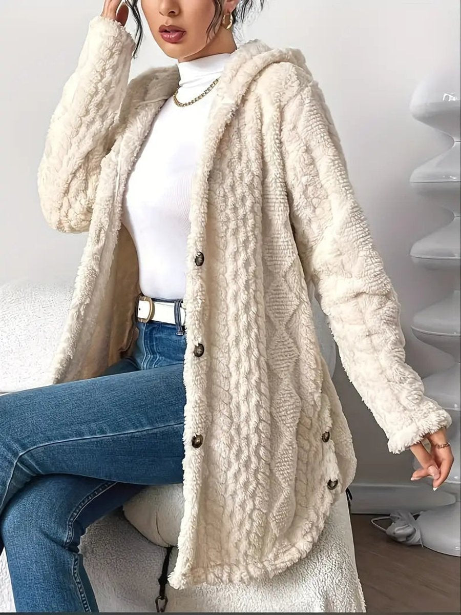 Women's Longline Plush Button-Up Cardigan with Hood