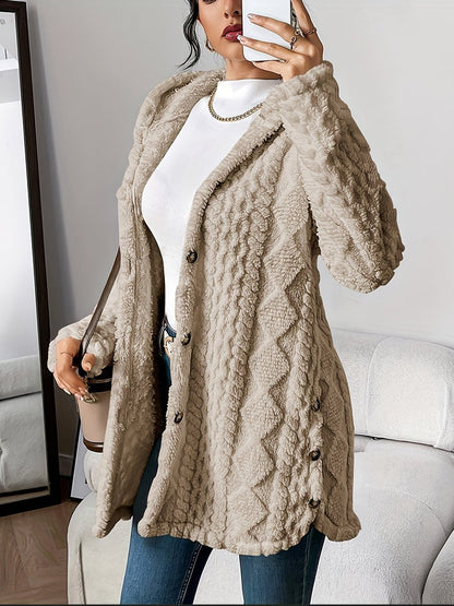 Women's Longline Plush Button-Up Cardigan with Hood