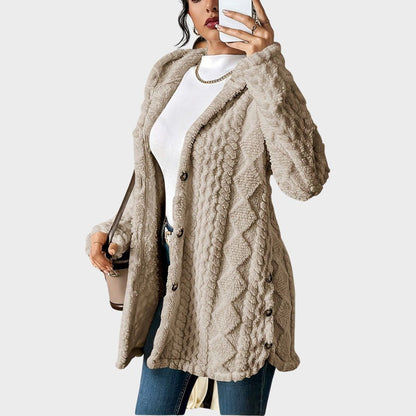 Women's Longline Plush Button-Up Cardigan with Hood