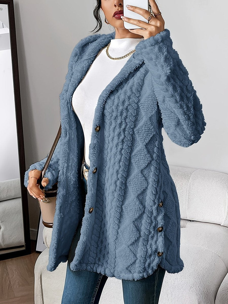 Women's Longline Plush Button-Up Cardigan with Hood