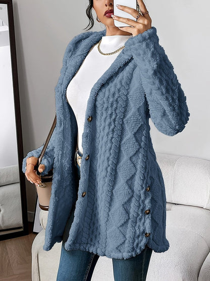 Women's Longline Plush Button-Up Cardigan with Hood