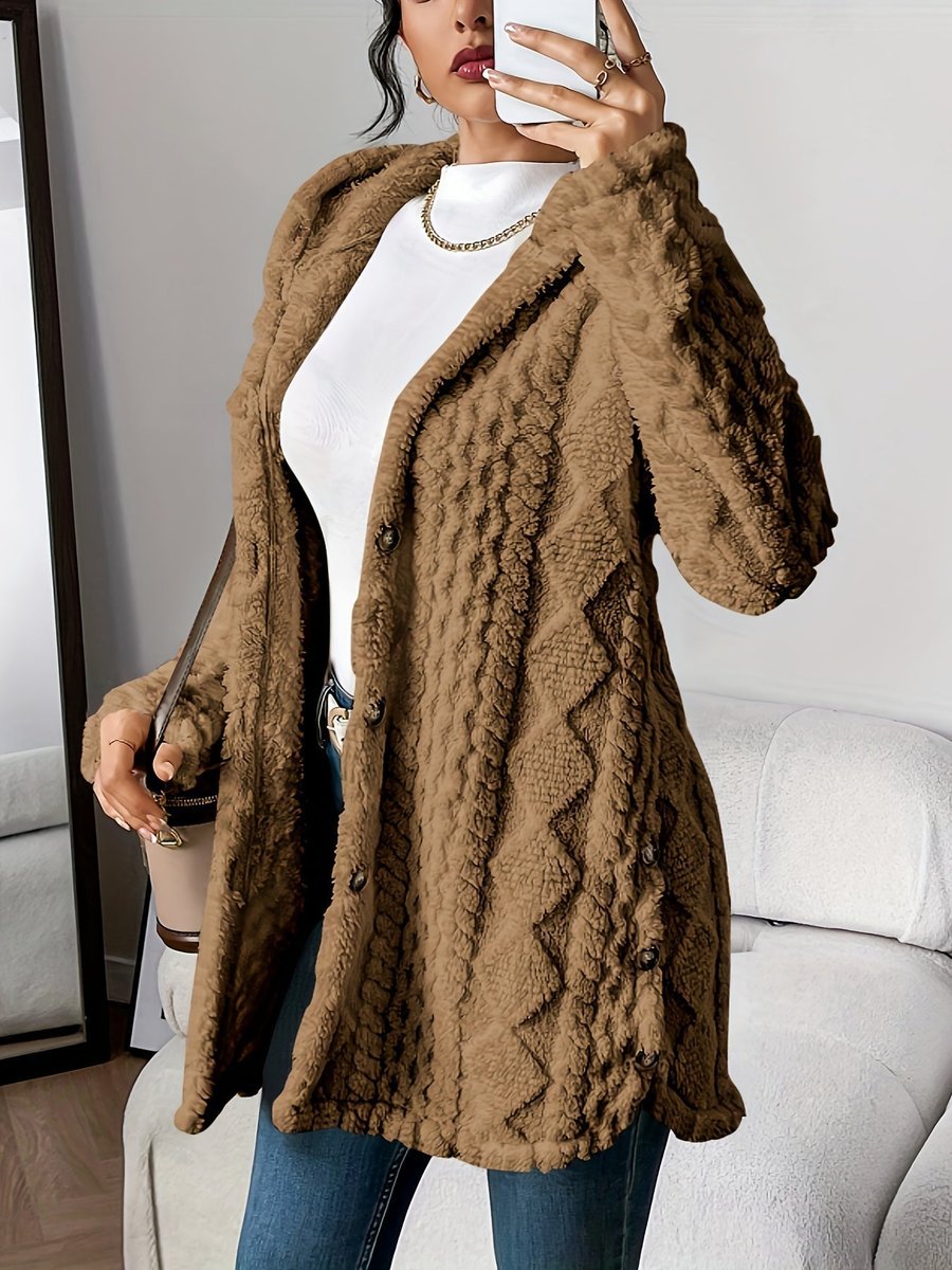 Women's Longline Plush Button-Up Cardigan with Hood