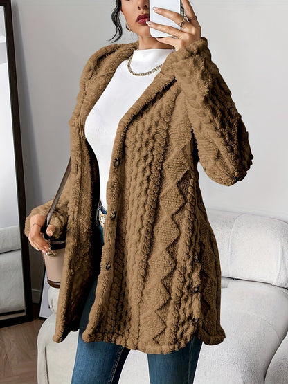 Women's Longline Plush Button-Up Cardigan with Hood