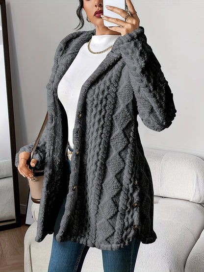 Women's Longline Plush Button-Up Cardigan with Hood