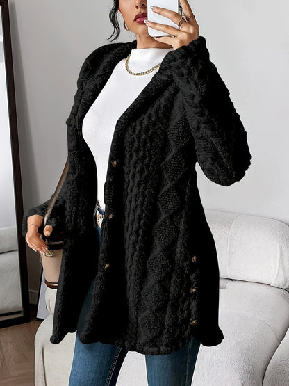 Women's Longline Plush Button-Up Cardigan with Hood