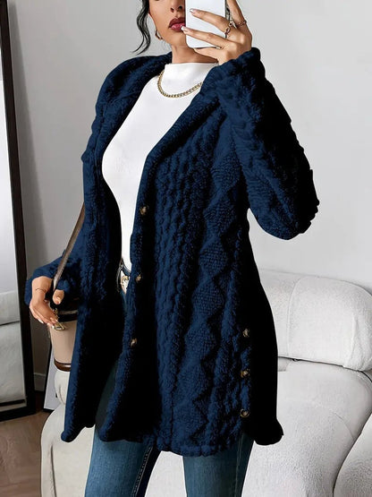 Women's Longline Plush Button-Up Cardigan with Hood
