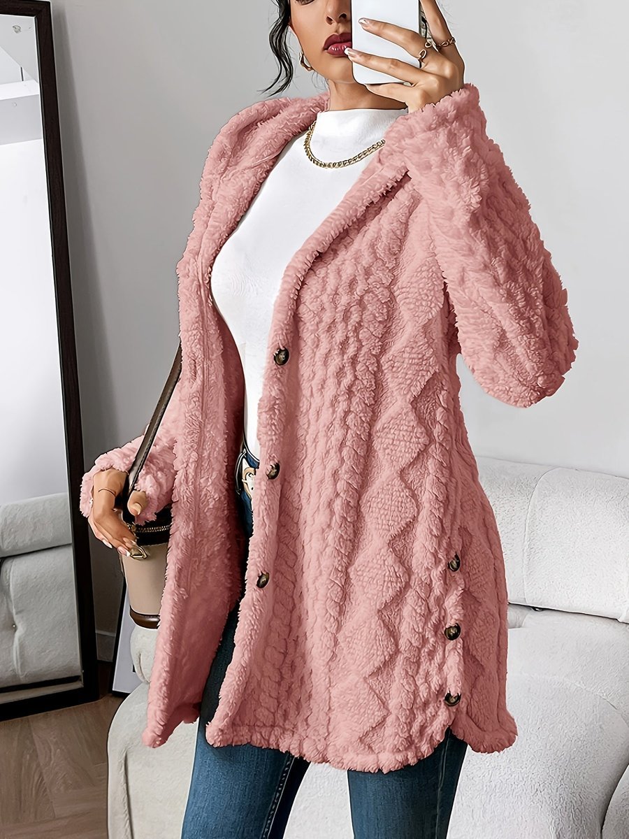 Women's Longline Plush Button-Up Cardigan with Hood