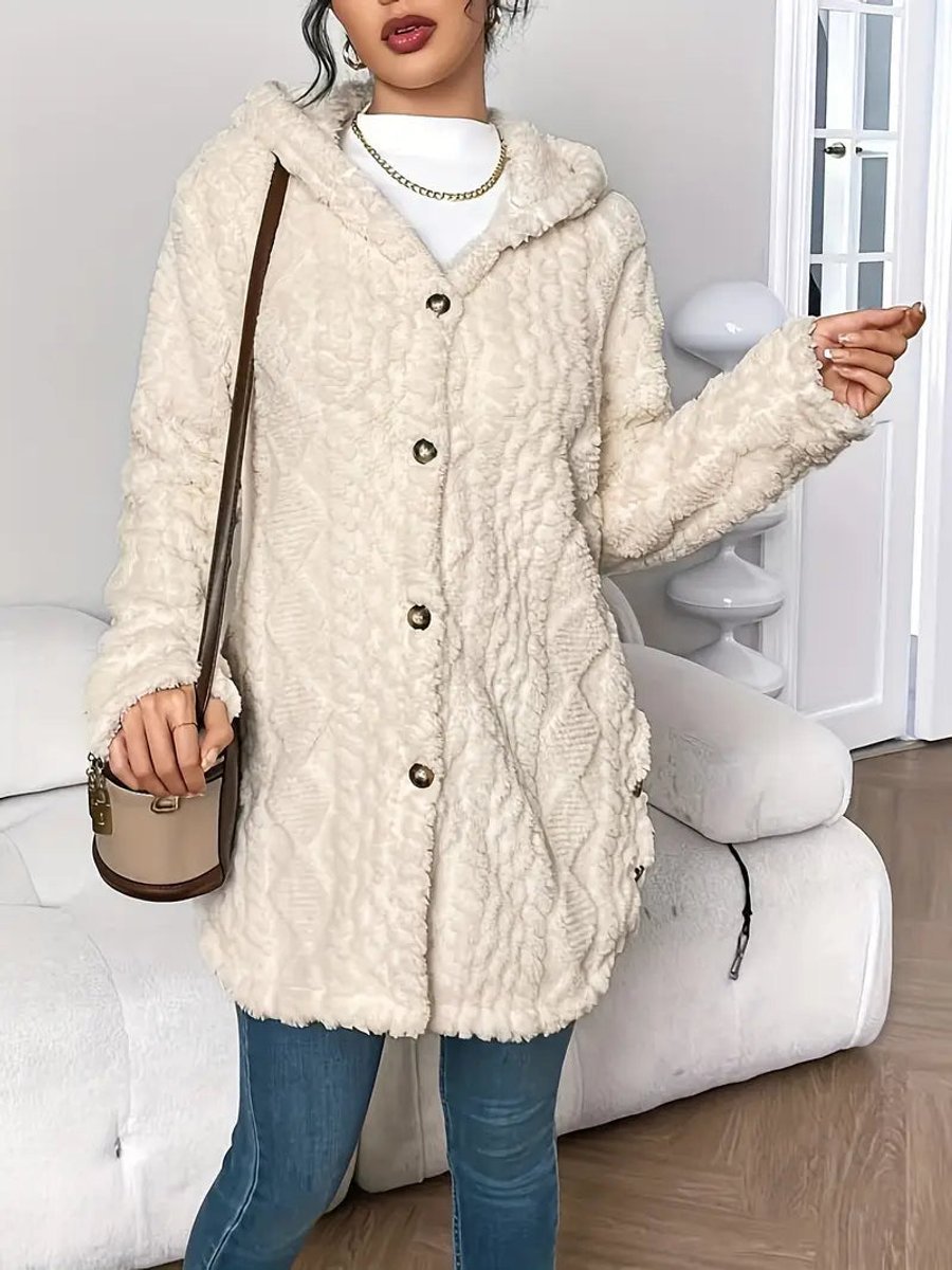 Women's Longline Plush Button-Up Cardigan with Hood