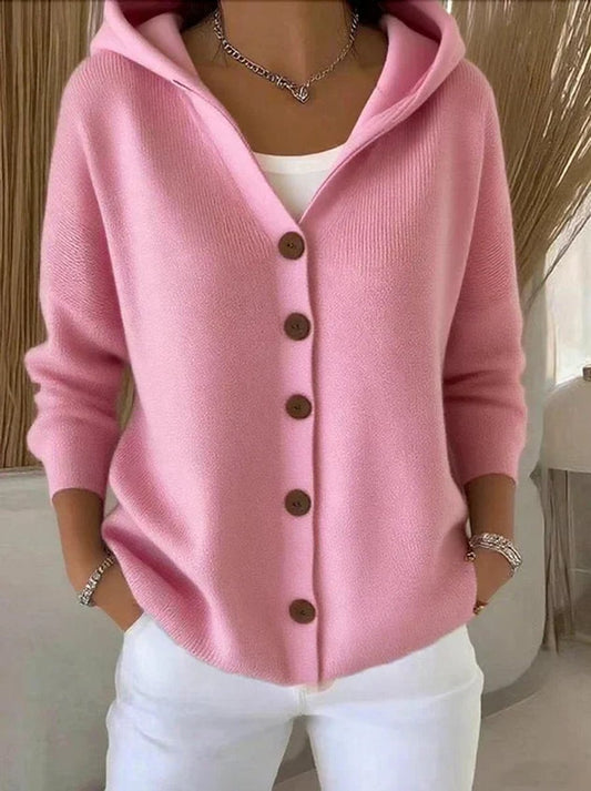Women's Loose Buttoned Knit Cardigan with Hood